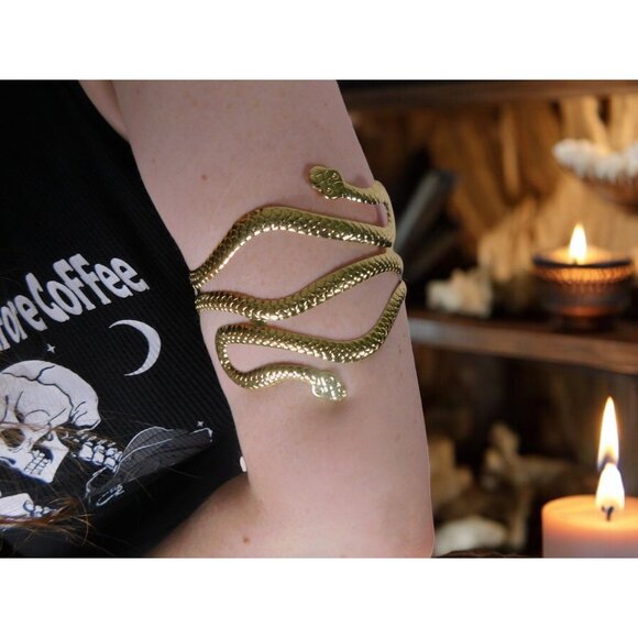 Boho Gold Snake Arm Cuff Witchy Zinc Alloy Statement Bracelet Unique Design - Picture 1 of 7